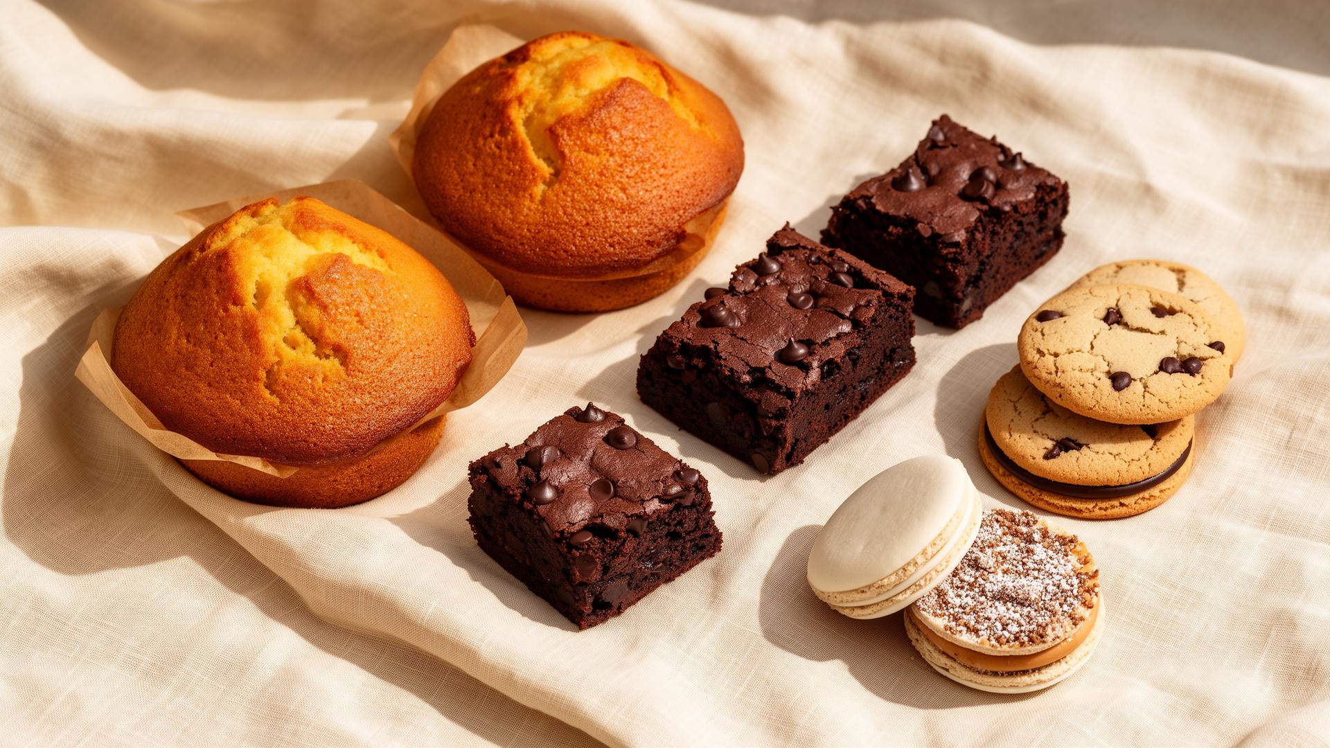 Variedad de pastelería sin gluten: budines, brownies, cookies y alfajores