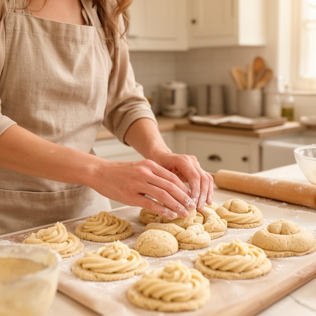 Persona preparando productos dulces en una cocina luminosa